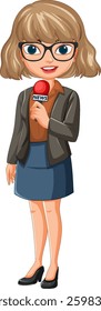 Vector illustration of a cartoon news reporter holding a microphone, featuring vibrant colors and a professional appearance
