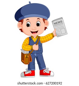 Vector Illustration Of Cartoon Newspaper Boy Yelling