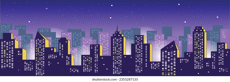 Vector illustration of the cartoon night city. Cityscape vector art.