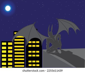 vector illustration of a cartoon night scene with tall buildings lit by moonlight where in the front of the building there is a figure of a creature with two horns and wings sitting on top