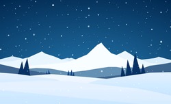 Vector Illustration: Cartoon Night Winter Mountains Landscape With Pines And Hills.