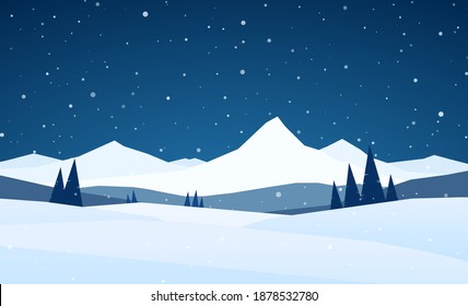 Vector illustration: Cartoon night Winter Mountains landscape with pines and hills.
