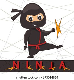 Vector illustration with cartoon Ninja. Can be used for presentation martial arts, baby sticker and print design, promotional card.