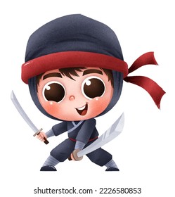 Vector illustration of Cartoon Ninja. Cute character Ninja kids