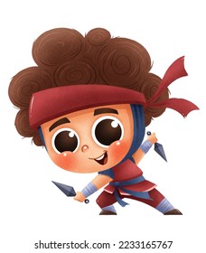 Ilustración vectorial de Cartoon Ninja. Personaje pequeño Ninja para niños
