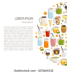 Vector illustration with cartoon non-alcoholic beverages background. Glasses with cartoon drinks: water, tea, soda, juice, lemonade, coffee, milk cocktail. Non alcoholic drinks vector background