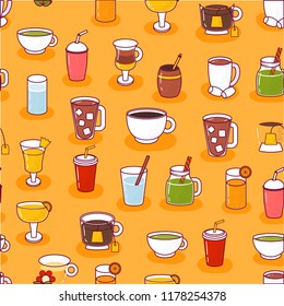 Vector illustration with cartoon non-alcoholic beverages background. Glasses with cartoon drinks: water, tea, soda, juice, lemonade, coffee, milk cocktail. Non alcoholic drinks background