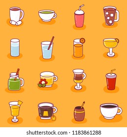 Vector illustration with cartoon non-alcoholic beverages icon. Glasses with cartoon drinks: water, tea, soda, juice, lemonade, coffee, milk cocktail. Non alcoholic drinks background