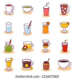 Vector illustration with cartoon non-alcoholic beverages icon. Glasses with cartoon drinks: water, tea, soda, juice, lemonade, coffee, milk cocktail. Non alcoholic drinks background