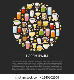 Vector illustration with cartoon non-alcoholic beverages background. Glasses with cartoon drinks: water, tea, soda, juice, lemonade, coffee, milk cocktail. Non alcoholic drinks vector background