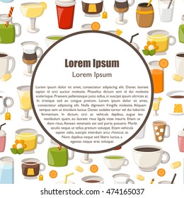 Vector illustration with cartoon non-alcoholic beverages background. Glasses with cartoon drinks: water, tea, soda, juice, lemonade, coffee, milk cocktail. Non alcoholic drinks vector background