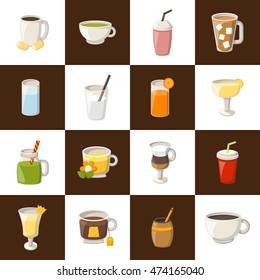 Vector illustration with cartoon non-alcoholic beverages icons. Glasses with cartoon drinks: water, tea, soda, juice, lemonade, coffee, milk cocktail. Non alcoholic drinks vector icons