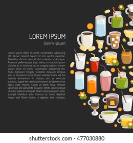 Vector illustration with cartoon non-alcoholic beverages background. Glasses with cartoon drinks: water, tea, soda, juice, lemonade, coffee, milk cocktail. 