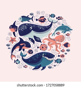 Vector illustration of cartoon ocean resident situated in the sircle. Happy sea friends on pink backgrround. 