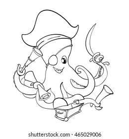 Vector illustration of Cartoon octopus - Coloring book. Cartoon pirate octopus