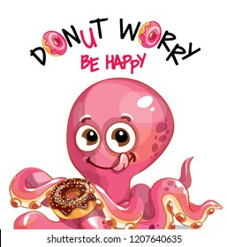 Vector illustration of cartoon octopus with donuts
