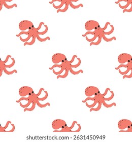 vector illustration of cartoon octopus, flat seamless pattern with cute animal