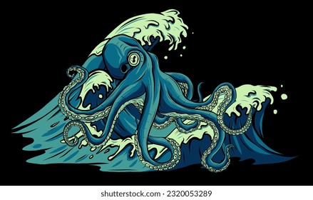 Vector illustration of a cartoon octopus with sea wave on black background