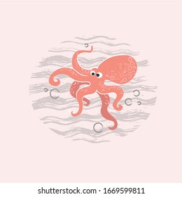 Vector illustration of cartoon octopus swiming in the osean with waves. Pink picture with sea animal.