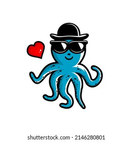 vector illustration of cartoon octopus wearing hat and glasses, love vector