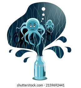 Vector illustration with cartoon octopuses  and algae underwater from the glass bottle flat design 