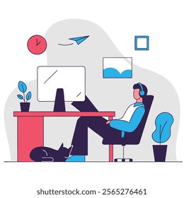 A vector illustration of a cartoon office worker relaxing with their feet up on their desk. Perfect for websites, presentations, or any project needing a lighthearted, relatable image of workplace 