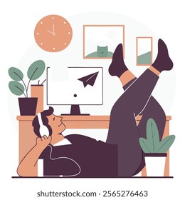 A vector illustration of a cartoon office worker relaxing with their feet up on their desk. Perfect for website banners, 