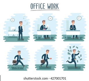 Vector illustration of cartoon office worker man character in cycle of office work set. Clerk in different moods