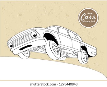 Vector Illustration of cartoon old car - Coloring book. 