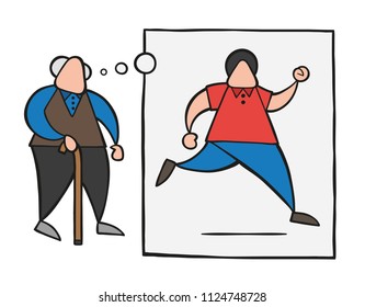 Vector illustration cartoon old man walking with wooden walking stick and dreaming or thinking his youth and running with thought bubble.