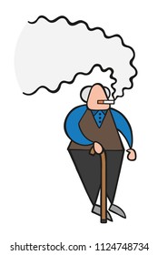 Vector illustration cartoon old man standing with wooden walking stick and smoking cigarette.