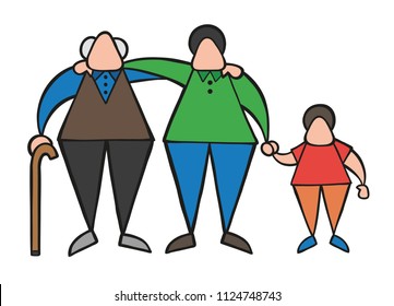 Vector illustration cartoon old man standing with walking stick, hugging his son and grandson.