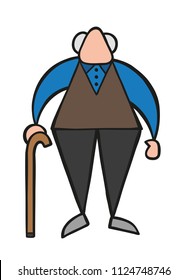 Vector illustration cartoon old man standing with wooden walking stick.
