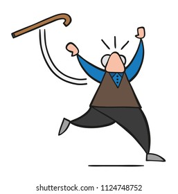Vector illustration cartoon old man throwing his walking stick and running.