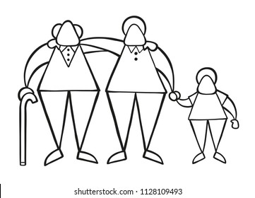 Vector illustration cartoon old man standing with walking stick, hugging his son and grandson.