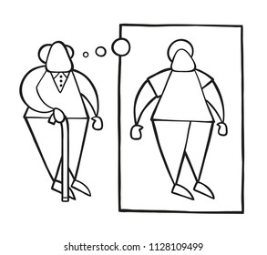 Vector illustration cartoon old man standing with wooden walking stick and dreaming or thinking his youth with thought bubble.
