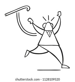 Vector illustration cartoon old man throwing his walking stick and running.