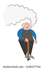 Vector illustration cartoon old man standing with wooden walking stick and smoking cigarette.