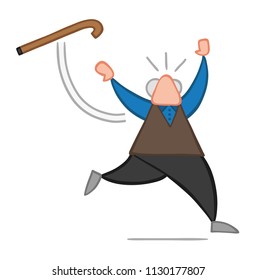 Vector illustration cartoon old man throwing his walking stick and running.