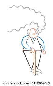 Vector illustration cartoon old man standing with wooden walking stick and smoking cigarette.