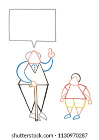 Vector illustration cartoon old man with walking stick, talking to his grandson and advising.