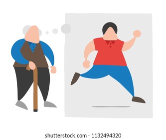 Vector illustration cartoon old man walking with wooden walking stick and dreaming or thinking his youth and running with thought bubble.