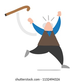 Vector illustration cartoon old man throwing his walking stick and running.