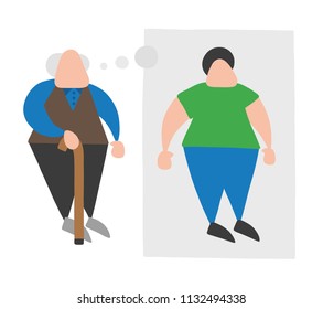 Vector illustration cartoon old man standing with wooden walking stick and dreaming or thinking his youth with thought bubble.