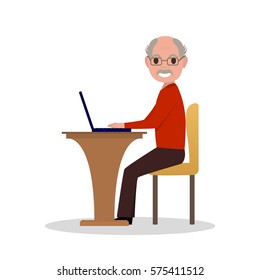 Vector Illustration Cartoon Old Man Sitting At Desk With A Laptop. Isolated White Background. Grandfather Works At Laptop. Elderly Male In Glasses Sitting Behind A Computer. Flat Style, Side View.