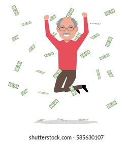 Vector illustration cartoon old man jumping for joy at the falling paper money. Happy grandfather won a prize, winning the lottery. Flat style. Male under rain of cash. Elderly man millionaire.