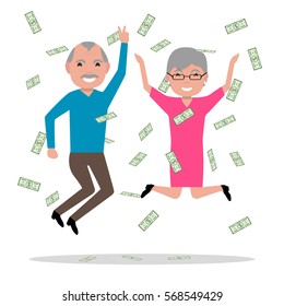Vector illustration cartoon old people jumping with joy. Falling on top of money, richness. Isolated on white background. Grandparents won the big prize and became rich. Flat style.