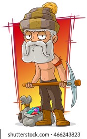 A vector illustration of cartoon old shirtless digger with diamonds