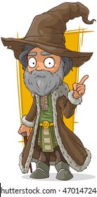 A vector illustration of cartoon old wizard in brown hat