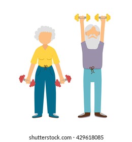 Vector illustration: cartoon old woman and man with dumbbells. Cartoon character. Old people activity. Vector gym healthy lifestyle. Sport for adult people. Cartoon active old people background